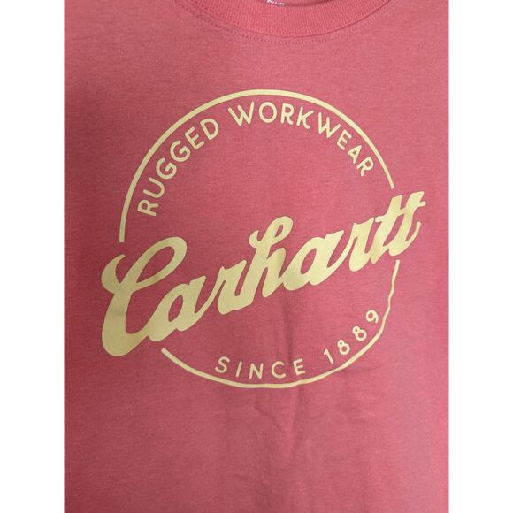 Carhartt Salmon & Yellow Crew Neck Logo T-Shirt Short Sleeve EUC Sz Sm Cotton - Picture 2 of 8
